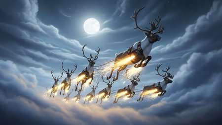 Reindeers flying in the night sky. 3D rendering.の素材