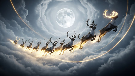 Santa Claus flying in the night sky with reindeers. 3D renderingの素材