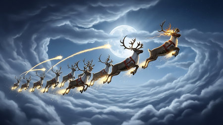 Santa Claus flying in the sky with reindeers. 3D renderingの素材