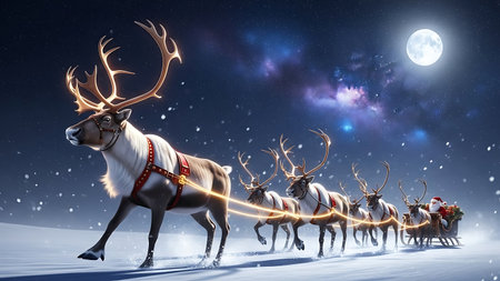 Santa Claus and reindeers in the night sky with full moonの素材