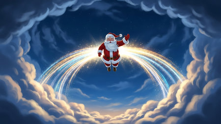 Santa claus flying in the sky. 3D illustration. Christmas background.の素材