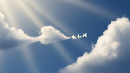 Santa Claus flying in the sky with his sleigh. 3D renderingの素材