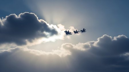 Santa Claus flying in the sky with reindeer sleighsの素材