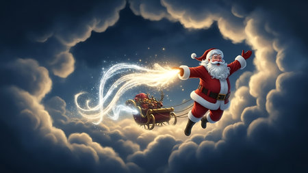 Santa Claus flying in his sleigh with reindeer sleighの素材