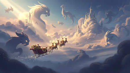 Santa Claus flying in his sleigh with a reindeer.の素材