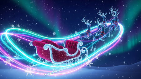 Illustration of Santa's sleigh with reindeer and snowflakesの素材