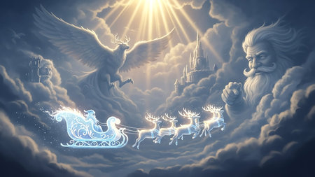 Santa Claus flying in a sleigh with reindeers and starsの素材