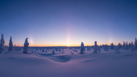 Beautiful winter landscape with snow covered trees at sunset. Panoramaの素材