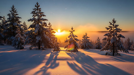 Beautiful winter landscape with snowy fir trees. Sunrise in the mountains.の素材