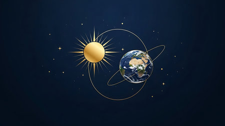 planet earth and sun on dark blue background. 3d illustration.の素材