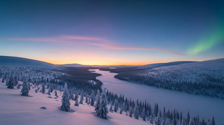Aerial view of winter landscape with snow covered forest and river at sunsetの素材