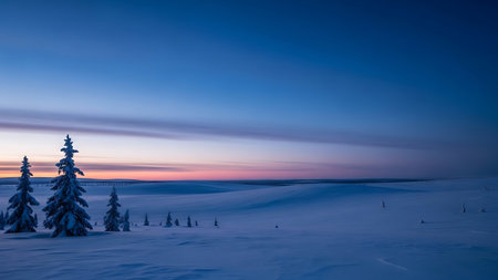Winter landscape with snow covered trees and blue sky with clouds at sunsetの素材