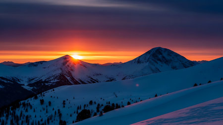 Sunset in winter mountains. Sunrise in the mountains. Beautiful winter landscape.の素材