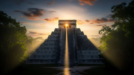 Chichen Itza pyramid at sunset, Yucatan, Mexicoの素材