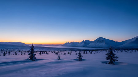 Beautiful winter landscape with snow covered trees and mountains at sunset.の素材