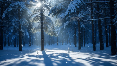 Winter forest with snow covered trees and rays of sun. Christmas backgroundの素材