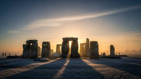 Stonehenge at sunrise. Stonehenge is a stonehenge in the Netherlands.の素材