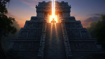 3d render of a fantasy temple at sunset with sunbeamsの素材