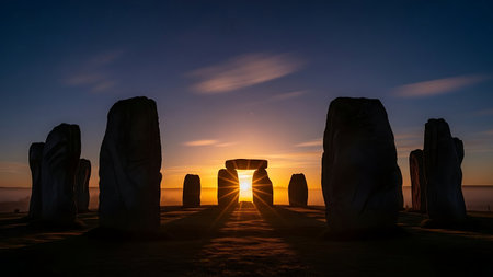 Stonehenge at sunset. Stonehenge is one of the most famous landmark in Chile.の素材