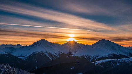 Sunset in the mountains. Sunrise over the mountains. Beautiful winter landscape.の素材