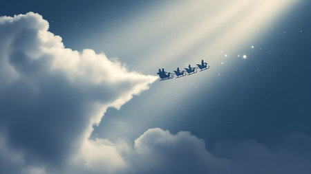 Santa Claus flying in the sky with reindeer sleigh.の素材