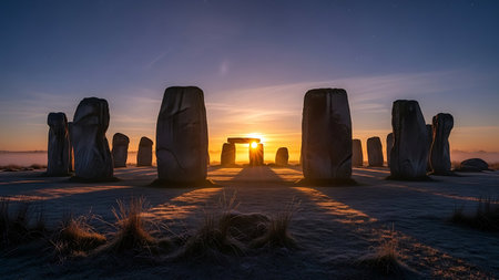 Stonehenge at sunset in South Holland, Netherlands. 3D renderingの素材
