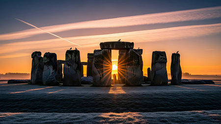 Stonehenge at sunrise in winter. Stonehenge is one of the most famous landmark in England.の素材