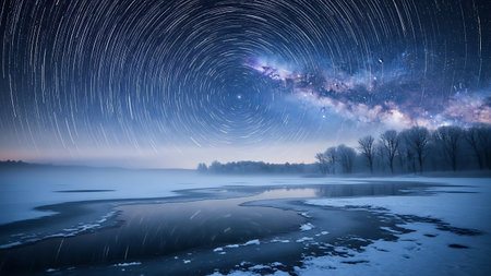 Milky Way over the frozen lake. Winter landscape with star trails.の素材
