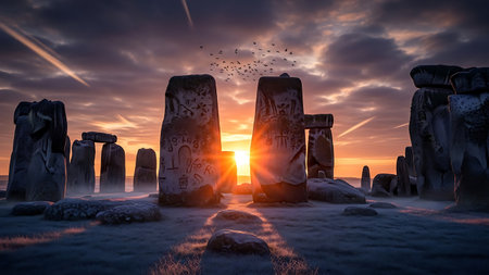 Stonehenge at sunset. Fantasy landscape with megalithic statuesの素材