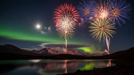Aurora borealis and fireworks above mountain lake at night.の素材