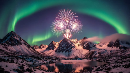Aurora borealis over snowy mountains with fireworks in the skyの素材