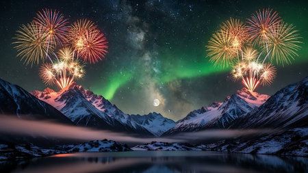 Fireworks in the night sky with reflection on the lake and mountainsの素材