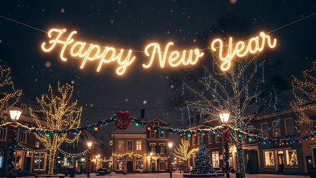 Happy New Year and Merry Christmas greeting card with glowing lights on a street at night.の素材
