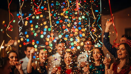 Group of young people having fun with confetti at a birthday partyの素材