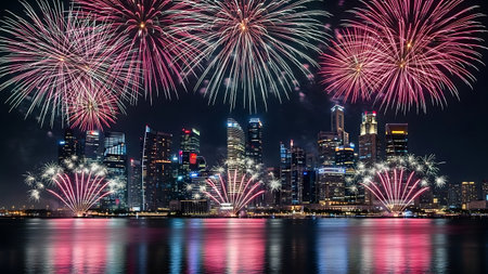 Beautiful colorful firework display for celebration happy new year and merry christmas in the cityの素材