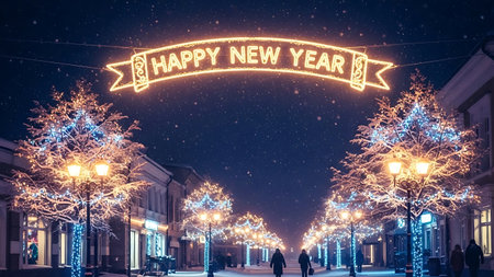 Merry Christmas and Happy New Year greeting card with illumination on city street.の素材