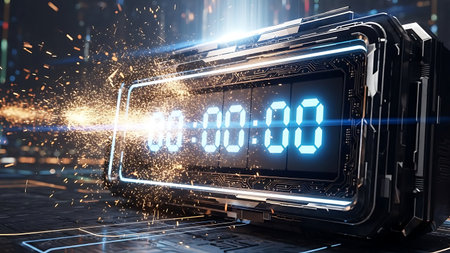 Laptop with digital clock on screen. Time concept. 3D Renderingの素材