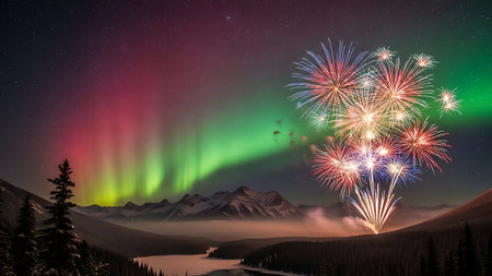 Aurora borealis and fireworks in the sky above the mountains.の素材