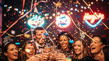 Group of friends toasting with champagne and having fun at birthday partyの素材