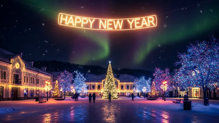 Merry Christmas and Happy New Year greeting card with illumination and Christmas tree.の素材