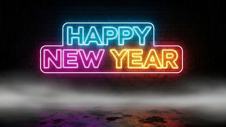 Happy new year neon sign on a brick wall background. 3d renderingの素材