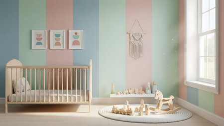 3d rendering of a baby room with a crib and wooden toysの素材