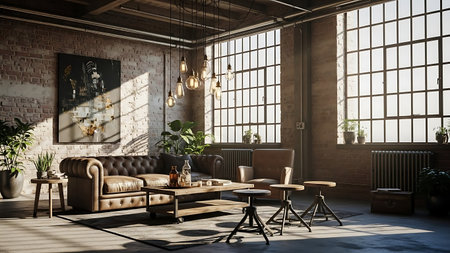 Interior of modern living room with brick walls, concrete floor, brown leather sofa and coffee table. 3d renderingの素材