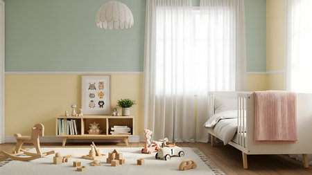 3d render of children's room interior with wooden toys and bedの素材