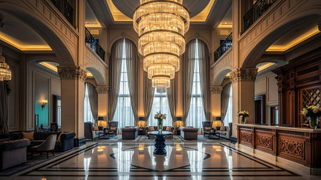 Luxury hotel lobby interior with large chandelier and columnsの素材