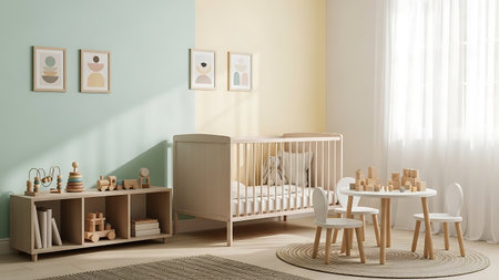 Interior of baby room with crib and wooden toys, 3d renderの素材