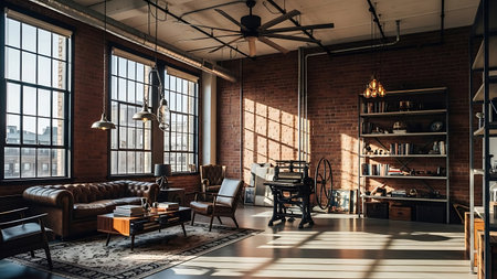 Interior of loft living room with brick walls, wooden floor and brown leather sofa. 3d renderingの素材