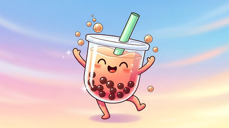 Illustration of a Smiling Berry Mascot with a Strawの素材