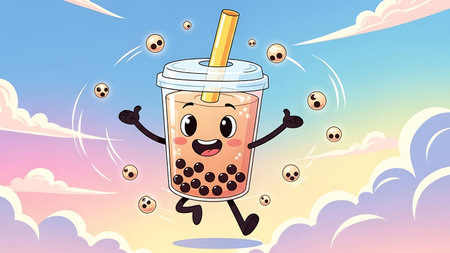 Funny bubble tea with a straw in the sky. Vector illustration.の素材