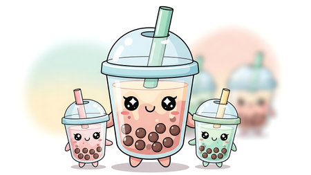 Cute cartoon bubble tea with milk and straws. Vector illustration.の素材